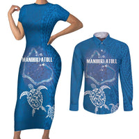 Cook Islands Manihiki Atoll Couples Matching Short Sleeve Bodycon Dress and Long Sleeve Button Shirt Maori Turtle and Polynesian Pattern LT03 Blue - Polynesian Pride