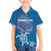 Cook Islands Manihiki Atoll Family Matching Off The Shoulder Long Sleeve Dress and Hawaiian Shirt Maori Turtle and Polynesian Pattern LT03 Son's Shirt Blue - Polynesian Pride