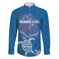 Cook Islands Manihiki Atoll Family Matching Off Shoulder Short Dress and Hawaiian Shirt Maori Turtle and Polynesian Pattern LT03 Dad's Shirt - Long Sleeve Blue - Polynesian Pride