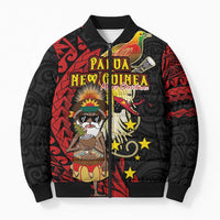 Papua New Guinea Christmas Bomber Puffer Jacket Funny Melanesian Santa with Bird-of-paradise Tribal Style LT03 Unisex Black - Polynesian Pride