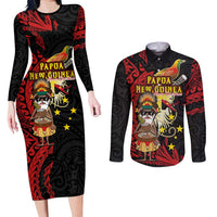 Papua New Guinea Christmas Couples Matching Long Sleeve Bodycon Dress and Long Sleeve Button Shirt Funny Melanesian Santa with Bird-of-paradise Tribal Style LT03 Black - Polynesian Pride