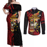 Papua New Guinea Christmas Couples Matching Off Shoulder Maxi Dress and Long Sleeve Button Shirt Funny Melanesian Santa with Bird-of-paradise Tribal Style LT03 Black - Polynesian Pride
