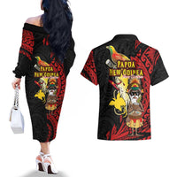 Papua New Guinea Christmas Couples Matching Off The Shoulder Long Sleeve Dress and Hawaiian Shirt Funny Melanesian Santa with Bird-of-paradise Tribal Style LT03 - Polynesian Pride
