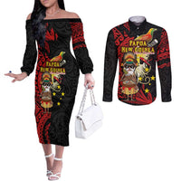 Papua New Guinea Christmas Couples Matching Off The Shoulder Long Sleeve Dress and Long Sleeve Button Shirt Funny Melanesian Santa with Bird-of-paradise Tribal Style LT03 Black - Polynesian Pride