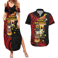 Papua New Guinea Christmas Couples Matching Summer Maxi Dress and Hawaiian Shirt Funny Melanesian Santa with Bird-of-paradise Tribal Style LT03 Black - Polynesian Pride