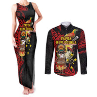 Papua New Guinea Christmas Couples Matching Tank Maxi Dress and Long Sleeve Button Shirt Funny Melanesian Santa with Bird-of-paradise Tribal Style LT03 Black - Polynesian Pride