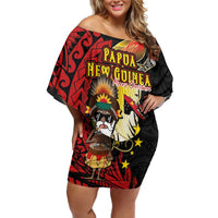 Papua New Guinea Christmas Off Shoulder Short Dress Funny Melanesian Santa with Bird-of-paradise Tribal Style LT03 Women Black - Polynesian Pride