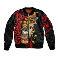 Papua New Guinea Christmas Sleeve Zip Bomber Jacket Funny Melanesian Santa with Bird-of-paradise Tribal Style LT03 Unisex Black - Polynesian Pride