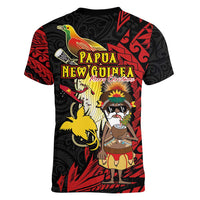 Papua New Guinea Christmas Women V-Neck T-Shirt Funny Melanesian Santa with Bird-of-paradise Tribal Style LT03 - Polynesian Pride