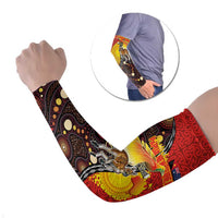 Australia and Papua New Guinea Together Arm Sleeves Bird-of-paradise and Kangaroo with Oro Tapa and Aboriginal Art Motifs LT03 Set of 2 Black - Polynesian Pride