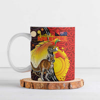 Australia and Papua New Guinea Together Ceramic Mug Bird-of-paradise and Kangaroo with Oro Tapa and Aboriginal Art Motifs LT03 Black - Polynesian Pride