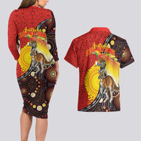 Australia and Papua New Guinea Together Couples Matching Long Sleeve Bodycon Dress and Hawaiian Shirt Bird-of-paradise and Kangaroo with Oro Tapa and Aboriginal Art Motifs LT03 - Polynesian Pride