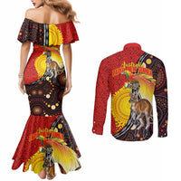 Australia and Papua New Guinea Together Couples Matching Mermaid Dress and Long Sleeve Button Shirt Bird-of-paradise and Kangaroo with Oro Tapa and Aboriginal Art Motifs LT03 - Polynesian Pride