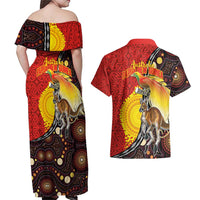 Australia and Papua New Guinea Together Couples Matching Off Shoulder Maxi Dress and Hawaiian Shirt Bird-of-paradise and Kangaroo with Oro Tapa and Aboriginal Art Motifs LT03 - Polynesian Pride