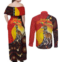 Australia and Papua New Guinea Together Couples Matching Off Shoulder Maxi Dress and Long Sleeve Button Shirt Bird-of-paradise and Kangaroo with Oro Tapa and Aboriginal Art Motifs LT03 - Polynesian Pride
