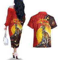 Australia and Papua New Guinea Together Couples Matching Off The Shoulder Long Sleeve Dress and Hawaiian Shirt Bird-of-paradise and Kangaroo with Oro Tapa and Aboriginal Art Motifs LT03 - Polynesian Pride
