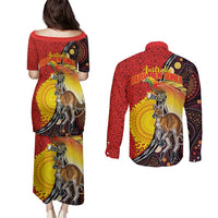 Australia and Papua New Guinea Together Couples Matching Puletasi and Long Sleeve Button Shirt Bird-of-paradise and Kangaroo with Oro Tapa and Aboriginal Art Motifs LT03 - Polynesian Pride