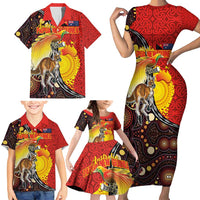 Australia and Papua New Guinea Together Family Matching Short Sleeve Bodycon Dress and Hawaiian Shirt Bird-of-paradise and Kangaroo with Oro Tapa and Aboriginal Art Motifs - Polynesian Pride