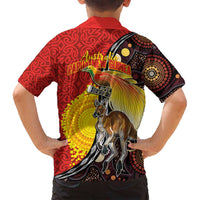 Australia and Papua New Guinea Together Family Matching Tank Maxi Dress and Hawaiian Shirt Bird-of-paradise and Kangaroo with Oro Tapa and Aboriginal Art Motifs - Polynesian Pride