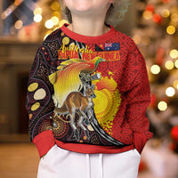 Australia and Papua New Guinea Together Kid Ugly Christmas Sweater Bird-of-paradise and Kangaroo with Oro Tapa and Aboriginal Art Motifs LT03 - Polynesian Pride