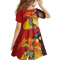 Australia and Papua New Guinea Together Kid Short Sleeve Dress Bird-of-paradise and Kangaroo with Oro Tapa and Aboriginal Art Motifs LT03 - Polynesian Pride