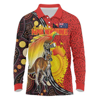 Australia and Papua New Guinea Together Long Sleeve Polo Shirt Bird-of-paradise and Kangaroo with Oro Tapa and Aboriginal Art Motifs - Polynesian Pride