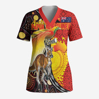 Australia and Papua New Guinea Together Scrub Top Bird-of-paradise and Kangaroo with Oro Tapa and Aboriginal Art Motifs LT03 Adult Black - Polynesian Pride