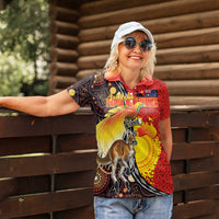 Australia and Papua New Guinea Together Women Polo Shirt Bird-of-paradise and Kangaroo with Oro Tapa and Aboriginal Art Motifs - Polynesian Pride
