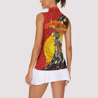 Australia and Papua New Guinea Together Women Sleeveless Polo Shirt Bird-of-paradise and Kangaroo with Oro Tapa and Aboriginal Art Motifs - Polynesian Pride