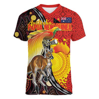 Australia and Papua New Guinea Together Women V-Neck T-Shirt Bird-of-paradise and Kangaroo with Oro Tapa and Aboriginal Art Motifs LT03 Female Black - Polynesian Pride