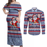 Fiji Christmas Couples Matching Off Shoulder Maxi Dress and Long Sleeve Button Shirts Fijian Santa and Coat of Arms Mix Tapa Pattern Striped Style LT03 Blue - Polynesian Pride