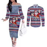 Fiji Christmas Couples Matching Off The Shoulder Long Sleeve Dress and Long Sleeve Button Shirts Fijian Santa and Coat of Arms Mix Tapa Pattern Striped Style LT03 Blue - Polynesian Pride