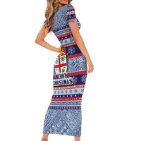 Fiji Christmas Family Matching Short Sleeve Bodycon Dress and Hawaiian Shirt Fijian Santa and Coat of Arms Mix Tapa Pattern Striped Style LT03 - Polynesian Pride