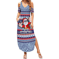 Fiji Christmas Family Matching Summer Maxi Dress and Hawaiian Shirt Fijian Santa and Coat of Arms Mix Tapa Pattern Striped Style LT03 Mom's Dress Blue - Polynesian Pride