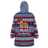 Fiji Christmas Wearable Blanket Hoodie Fijian Santa and Coat of Arms Mix Tapa Pattern Striped Style LT03 - Polynesian Pride