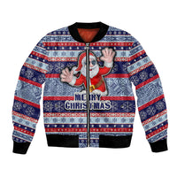 Custom Fiji Christmas Bomber Jacket Fijian Santa and Coat of Arms Mix Tapa Pattern Striped Style LT03 Unisex Blue - Polynesian Pride