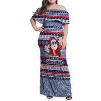 Custom Fiji Christmas Family Matching Off Shoulder Maxi Dress and Hawaiian Shirt Fijian Santa and Coat of Arms Mix Tapa Pattern Striped Style LT03 Mom's Dress Blue - Polynesian Pride