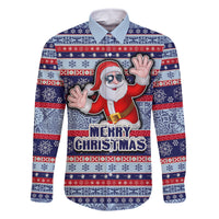 Custom Fiji Christmas Family Matching Tank Maxi Dress and Hawaiian Shirt Fijian Santa and Coat of Arms Mix Tapa Pattern Striped Style LT03 Dad's Shirt - Long Sleeve Blue - Polynesian Pride