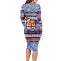 Custom Fiji Christmas Long Sleeve Bodycon Dress Fijian Santa and Coat of Arms Mix Tapa Pattern Striped Style LT03 - Polynesian Pride