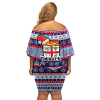 Custom Fiji Christmas Off Shoulder Short Dress Fijian Santa and Coat of Arms Mix Tapa Pattern Striped Style LT03 - Polynesian Pride