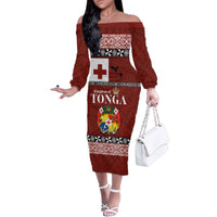 Tongan Culture Family Matching Off The Shoulder Long Sleeve Dress and Hawaiian Shirt Ngatu Art Tattoo and Emblem of Tonga LT03 Mom's Dress Red - Polynesian Pride