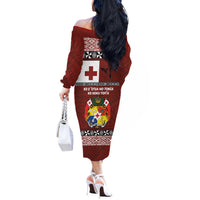 Tongan Culture Off The Shoulder Long Sleeve Dress Ngatu Art Tattoo and Emblem of Tonga LT03 - Polynesian Pride
