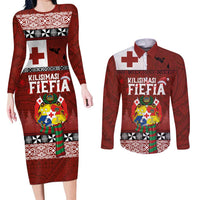 Tongan Christmas Couples Matching Long Sleeve Bodycon Dress and Long Sleeve Button Shirt Kilisimasi Fiefia with Ngatu Art Tattoo LT03 Red - Polynesian Pride