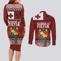 Tongan Christmas Couples Matching Long Sleeve Bodycon Dress and Long Sleeve Button Shirt Kilisimasi Fiefia with Ngatu Art Tattoo LT03 - Polynesian Pride