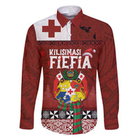 Tongan Christmas Family Matching Off Shoulder Short Dress and Hawaiian Shirt Kilisimasi Fiefia with Ngatu Art Tattoo LT03 Dad's Shirt - Long Sleeve Red - Polynesian Pride