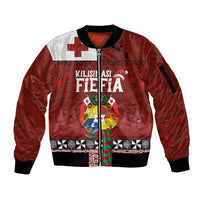 Tongan Christmas Sleeve Zip Bomber Jacket Kilisimasi Fiefia with Ngatu Art Tattoo LT03 Unisex Red - Polynesian Pride