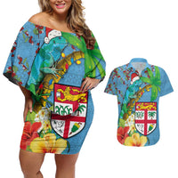 Fijians Iguana Tagimoucia Christmas Couples Matching Off Shoulder Short Dress and Hawaiian Shirt Christmas Palm Tree and Hibiscus LT03 Blue - Polynesian Pride