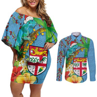 Fijians Iguana Tagimoucia Christmas Couples Matching Off Shoulder Short Dress and Long Sleeve Button Shirt Christmas Palm Tree and Hibiscus LT03 Blue - Polynesian Pride