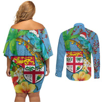 Fijians Iguana Tagimoucia Christmas Couples Matching Off Shoulder Short Dress and Long Sleeve Button Shirt Christmas Palm Tree and Hibiscus LT03 - Polynesian Pride