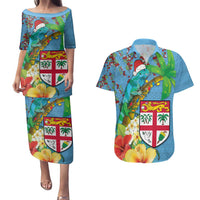 Fijians Iguana Tagimoucia Christmas Couples Matching Puletasi and Hawaiian Shirt Christmas Palm Tree and Hibiscus LT03 Blue - Polynesian Pride